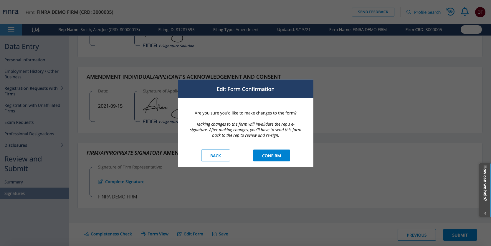 Firm Settings Guide: Firm Edits Form U4 Filing After Sending it to the Rep for Esignature